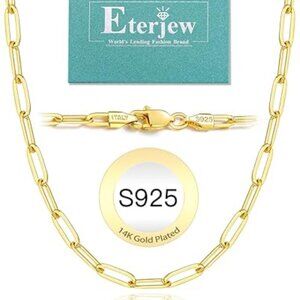 Italy 14K Real Gold Over 925 Sterling Silver Paperclip Chain Necklace for Women